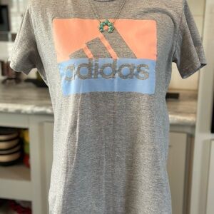 Adidas Gray Tee with Peach and Blue Logo